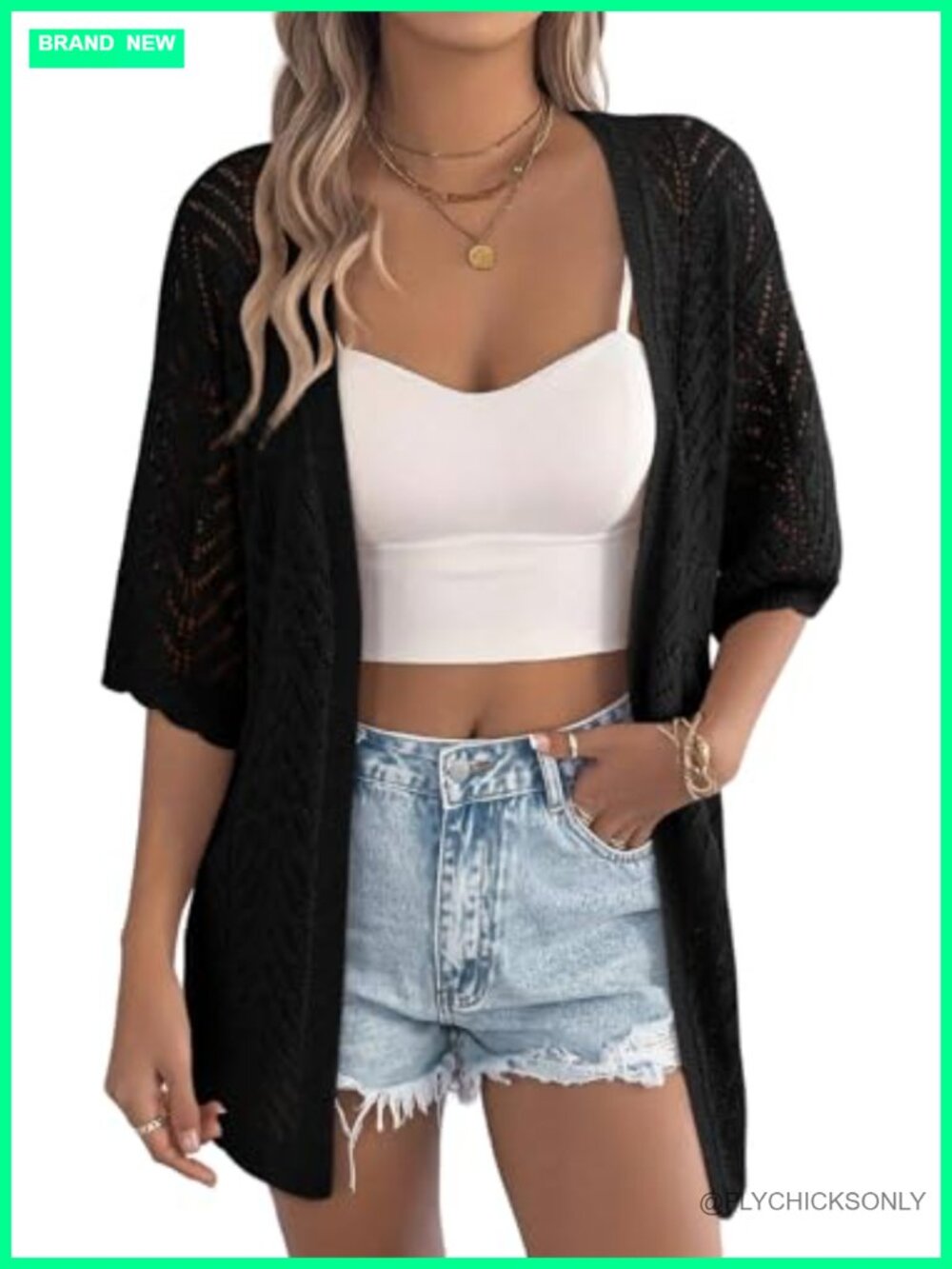 Women's Short Sleeve Cardigan Sweater Crochet Knit Boho Open Front